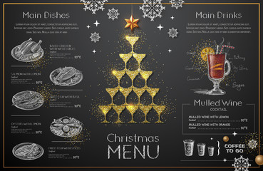 Christmas menu design with golden champagne glasses. Restaurant menu. Pyramid of champagne glasses