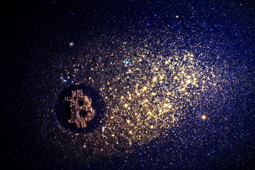 Golden bitcoin space universe, futuristic digital money, technology worldwide network concept.Crypto currency Gold BTC.Safe virtual money