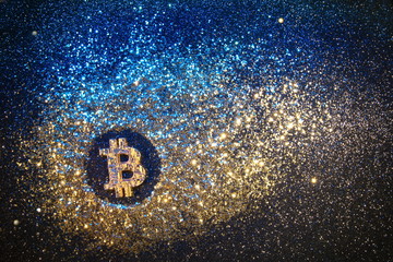 Golden bitcoin space universe, futuristic digital money, technology worldwide network concept.Crypto currency Gold BTC.Safe virtual money
