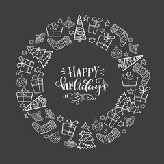 Winter holiday symbol in a circle with unique greeting lettering Happy Holidays inside.