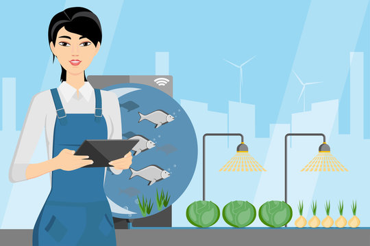 Asian woman farmer with digital tablet. Growing plants in the greenhouse with aquaponics system. Vector illustration.