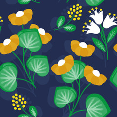 Floral seamless pattern. Yellow flowers on a dark blue background. For gingham background, cover, print on tile, banners, wallpaper, wrapping paper, corporate identity. Summer backdrop.