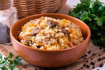 Porridge with mushrooms in a plate