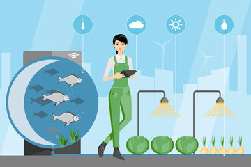 Asian woman farmer with digital tablet. Growing plants in the greenhouse with aquaponics system. Vector illustration.