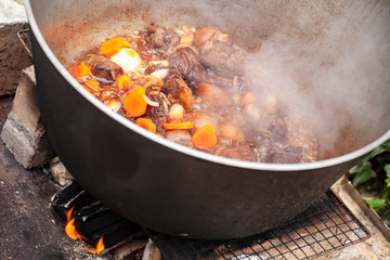 Lamb with carrot and onion stew in pan