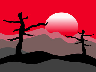 a desolate landscape at sunset, with red sky and black trees