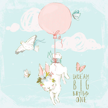 Cute hand drawn baby bunny with floral wreath, pigeons, butterflies, balloon and clouds