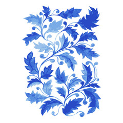 Traditional Blue Portugal Azulejo Poster, Vertical Vector Ornamental Artwork with Watercolor Leaves, Curls and Foliage. - obrazy, fototapety, plakaty