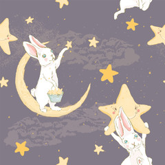 Mignon bébé lapin dessiné à la main avec une étoile de nuit restant sur un modèle sans couture de lune et de nuages
