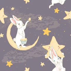 Papier Peint photo autocollant Lapin Mignon bébé lapin dessiné à la main avec une étoile de nuit restant sur un modèle sans couture de lune et de nuages