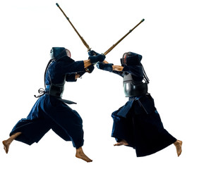 two Kendo martial arts fighters combat fighting in silhouette isolated on white bacground