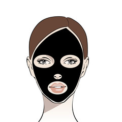 Beautiful girl, young woman with beauty black mask on her face. Skin care. Relaxation. Spa therapy. Beauty treatment. Facial cleansing Mask, Fashion, style, beauty. Sketch drawing. Vector illustration