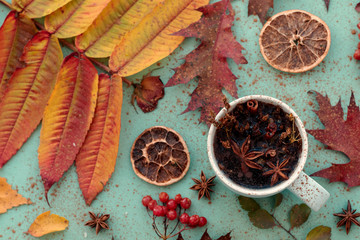 Hot herbal autumn tea with cinnamon and anise. Place for text.