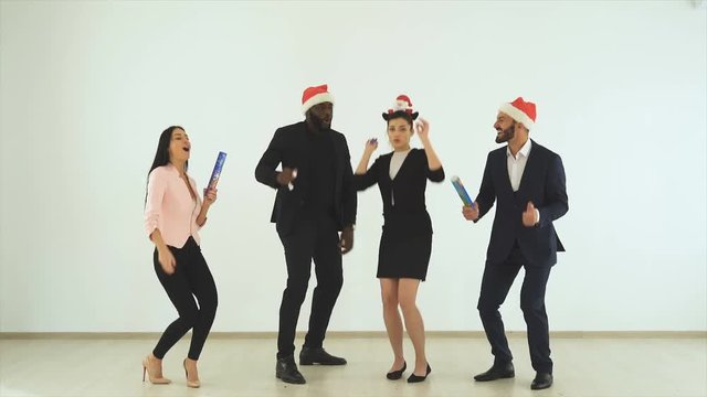 The business people playing with confetti. slow motion