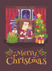 Santa Claus sitting in a chair in a cozy room with a little girl in his lap whispering into his ear. Christmas character greeting card flat illustration