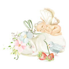 Cute baby fairy on a white bunny and bird. Strawberry and tied bow, floral bouquet, wreath