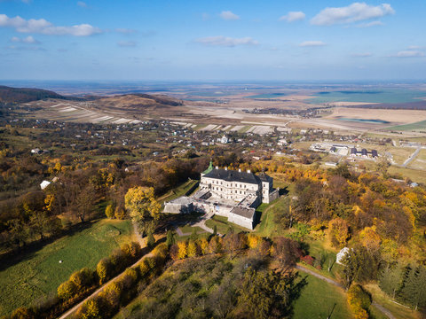 Aerial: Pidhirtsi Castle, located in the village of Pidhirtsi in Lviv Oblast, Ukraine