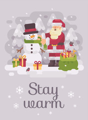 Happy Santa claus giving a scarf to a cute snowman. Christmas flat illustration greeting card
