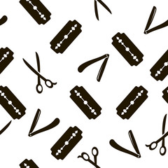 Vector seamless pattern for barber shop. illustration of blade, razor and scissors. EPS10. Monochrome background for hairdresser.