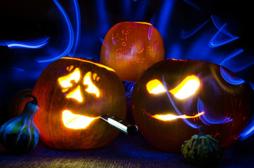 Spooky Halloween Pumpkin Display Illuminated by Lightpainting