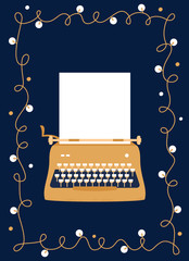 Retro Styled Golden Typewriter with Blank Sheet of Paper. Festive Vector Design. Greeting Card - 233594205