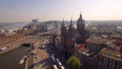 Aerial. The Basilica of Saint Nicholas. Old Centre district of Amsterdam.