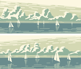 Obraz premium Horizontal banners with sailboats and cumulus clouds.