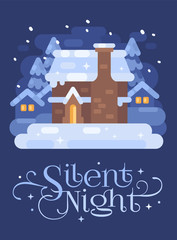 Snowy blue winter village landscape with a house. Silent Night Christmas flat illustration