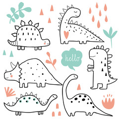 Cute dinosaurs and tropic plants