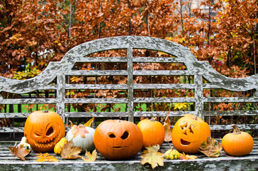 Display of Halloween Pumpkins on a Park Bench