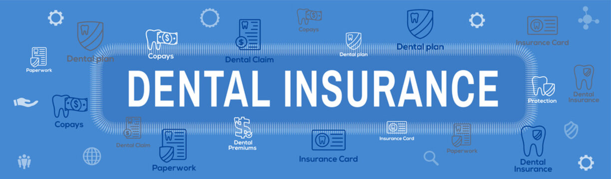 Dental Insurance Web Header Banner with Outline Icons, teeth, premiums, insurance, card, id