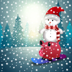 Snowman on a pig that rides a snowboard through the winter forest