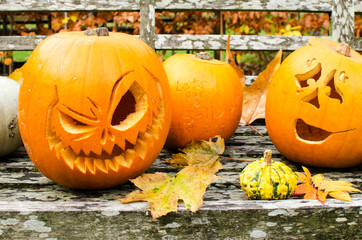 Carved Pumpkins on a Park Bench