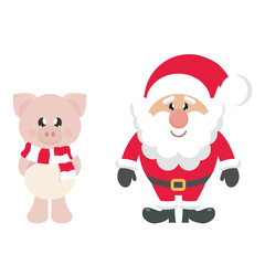 winter cartoon pig with scarf and santa claus