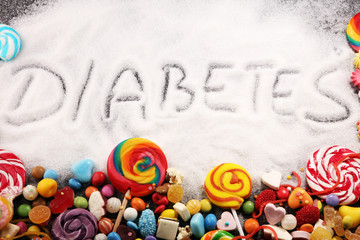 Diet and weight loss, denial of sweet. diabetes text with concept. Sugar description in black....