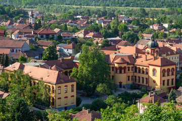 Fototapeta na wymiar Sremski Karlovci, Serbia - May 2, 2018: Panorama of Sremski Karlovci. Panoramic view of The Gymnasium of Karlovci