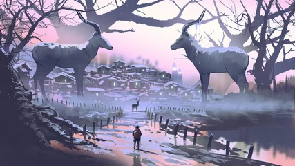 Tuinposter man looking at village of impala the legendary animal in winter forest, digital art style, illustration painting © grandfailure