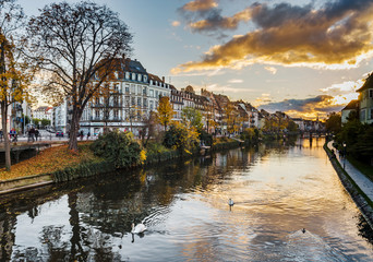 Beautiful colorful sunset in autumnal Strasbourg, cityscape