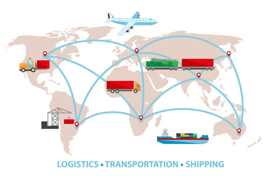 Vector illustration of the global logistics networtk. Delivery and transportation services. Shipping by train, airplane, truck and ship. World map with the loads, cargo, shipment traffic.
