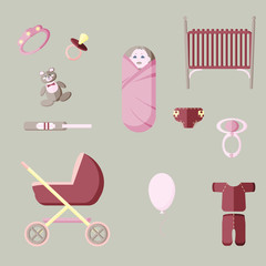 A child, toys, elements of children's life. Character vector illustration. Seamless pattern.Pink objects on a gray-green background.