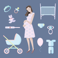 Young smiling woman expecting a child surrounded by toys and items of future substance. Character vector illustration.