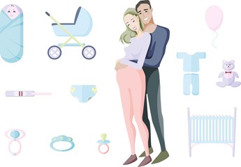 Young smiling married couple expecting a child surrounded by toys and items of future materiality and fatherhood. Characters Vector Illustration. Seamless pattern. Objects on a white background.