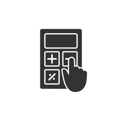 Calculator and hand pointer finger simple glyph icon. Calculator with plus, minus button vector icon.
