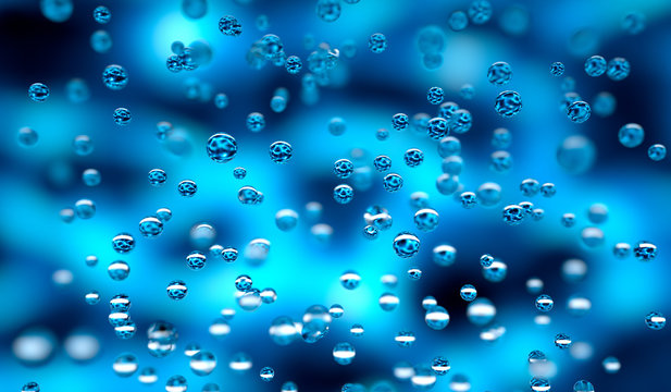 Schwebende Wassertropfen vor Blau