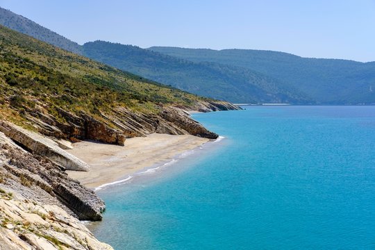 Small sandy beach, coast south of Lukova, Albanian Riviera, Qark Vlora, Albania, Europe