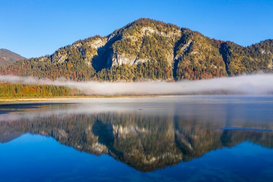 Fog at Lake Sylvenstein, Sylvenstein Dam, drone image, Lenggries, Isarwinkel, Upper Bavaria, Bavaria, Germany, Europe