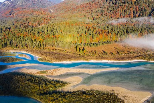 Isar, at the inflow into the Sylvenstein lake, drone image, Lenggries, Isarwinkel, Upper Bavaria, Bavaria, Germany, Europe