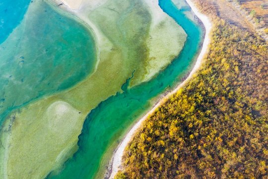 Isar, at the inflow into the Sylvenstein lake, Sylvenstein reservoir, drone image, Lenggries, Isarwinkel, Upper Bavaria, Bavaria, Germany, Europe