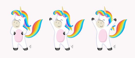 Set of unicorn characters on a white background. Unicorn in different poses. Flat illustrations for design postcard. © Mariia Shishkina