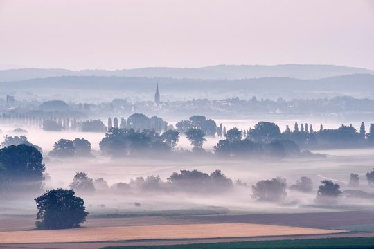 Early morning fog over the Radolfzell Aachried, behind it the Lake Constance with the city Radolfzell, district Konstanz, Baden-Wurttemberg, Germany, Europe